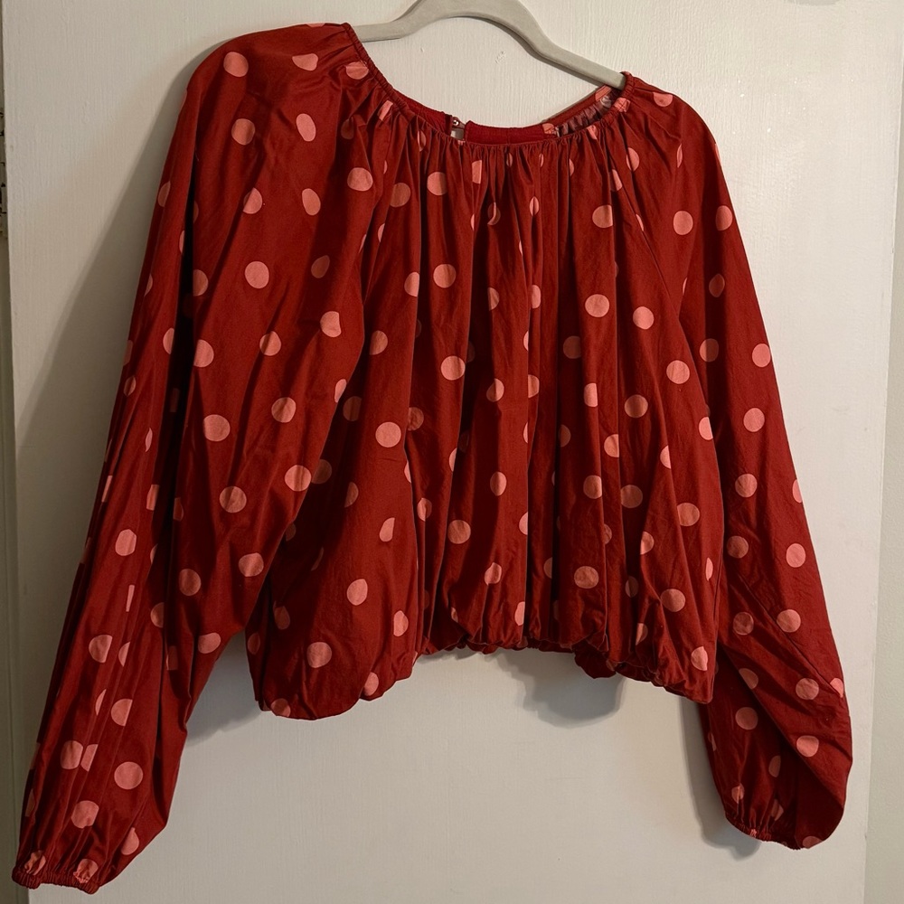 Anthropologie Maeve Poplin Bubble Blouse in Polka Dot Red Pink
